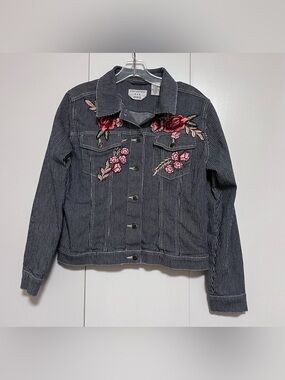 Vintage Covington Blue Pinstripe Floral Stretch Denim Trucker Jacket Size 12